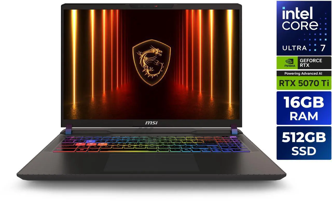 MSI Vector - 16" 144 Hz - Intel Core Ultra 7 255HX - GeForce RTX 5070 Ti Laptop GPU - 16GB Memory DDR5 5600 - 512GB SSD - Windows 11 Home